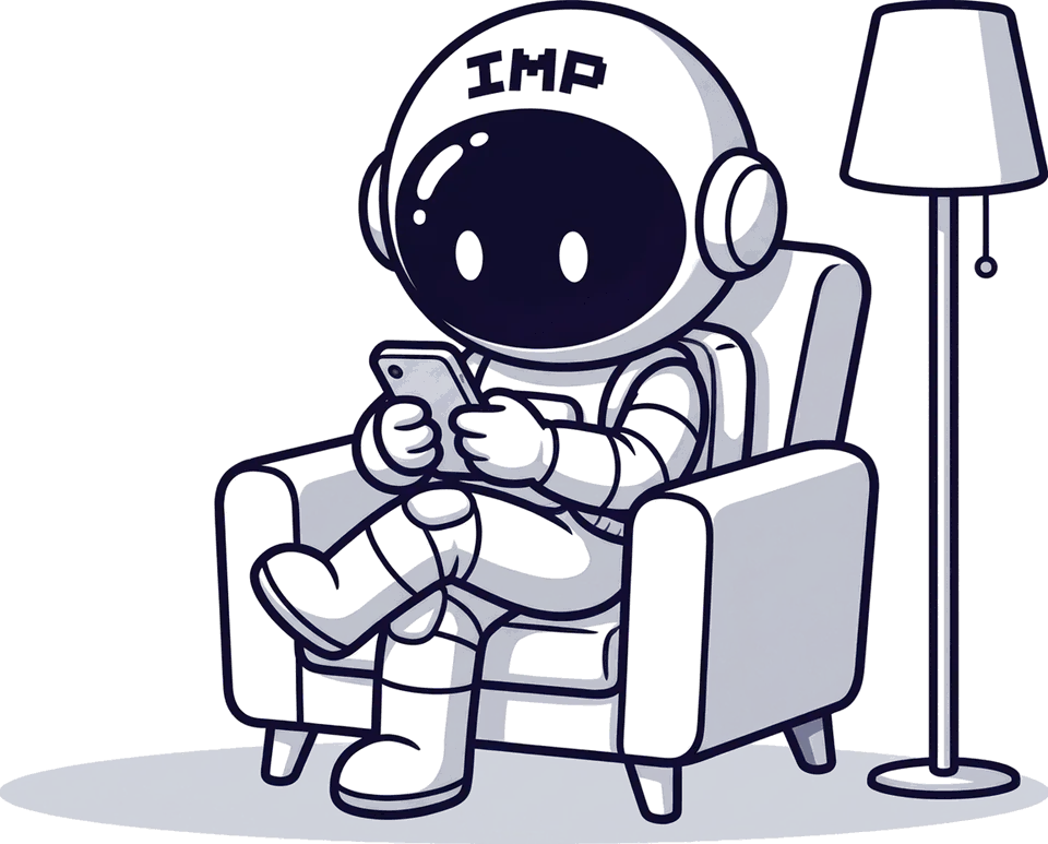 Маскот IMP пополняет кошелёк с телефона, сидя в кресле